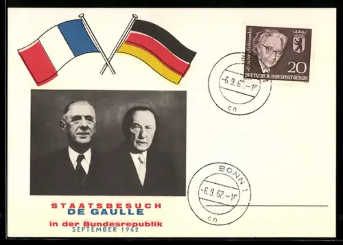 AK Paarportrait mit Charles de Gaulle und Alt-Kanzler Konrad Adenauer