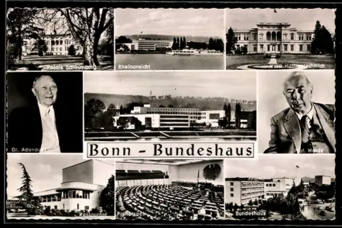 AK Bonn, Bundeshaus im Zentrum mit Portraits von Adenauer und Heuss