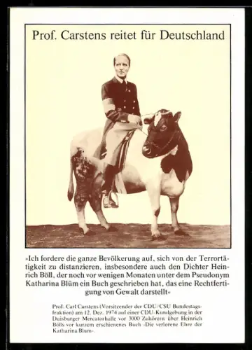 Künstler-AK sign. Klaus Staeck: Karl Carstens reitet auf einer Kuh, Wahlkampf in der BRD