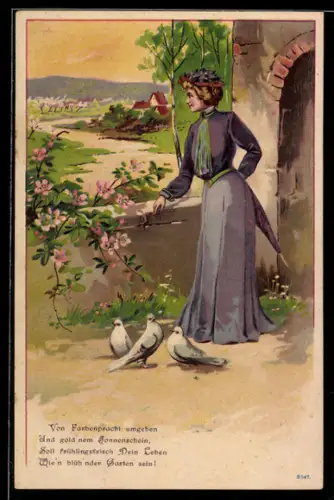 AK Fräulein im lilafarbenen Kleid mit Schirm und Tauben, Jugendstil