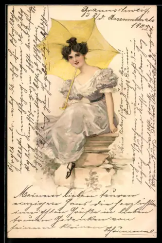 AK Junge Dame im Kleid mit Schirm