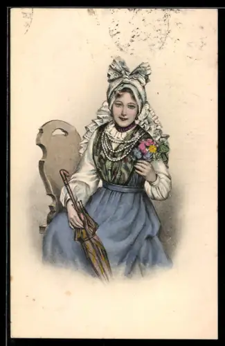AK Junge Frau in Tracht mit Schirm