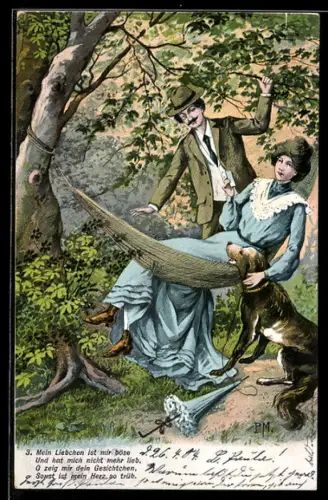 AK Liebespaar an Hängematte mit Hund und Schirm