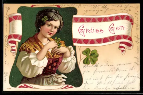 Präge-AK Junge Frau in Tracht mit Kleeblättern