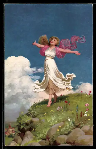 AK Junge Frau im Kleid auf einem Berg