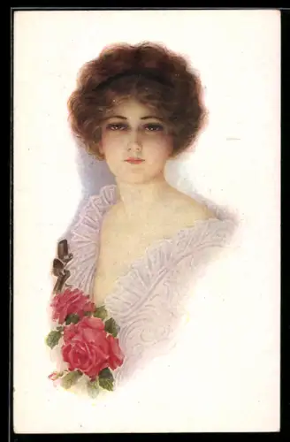 AK Junge Frau im Kleid mit Rosen