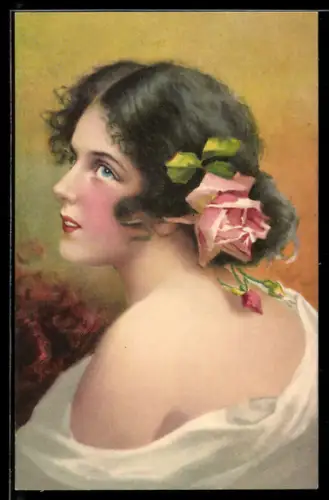 AK Junge Frau mit einer Rose im Haar