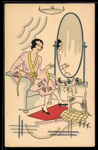 AK Junge Frau vor dem Spiegel