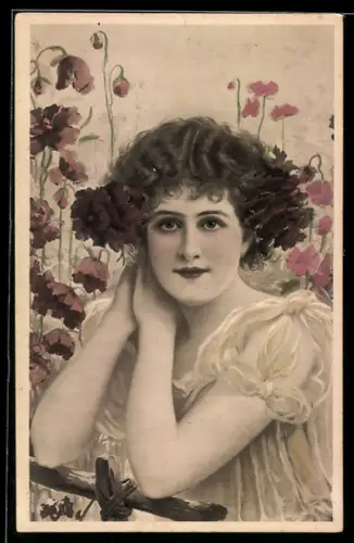 AK Junge Frau mit Blumen im Haar