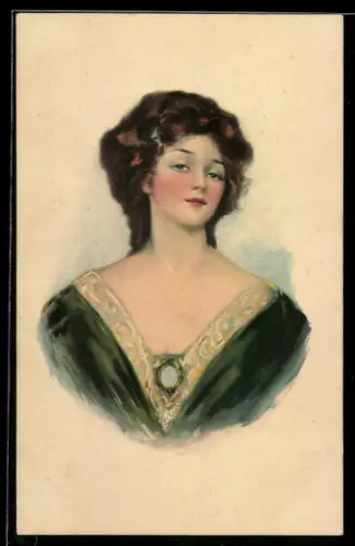 AK Junge Frau im dunkelgrünen Kleid