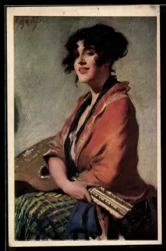 Künstler-AK Leopold Schmutzler: Junge Frau hält Ihre Gitarre auf dem Schoss