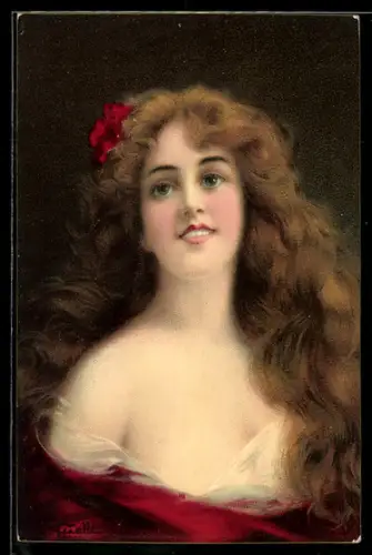 AK Junge Frau mit langen Haaren