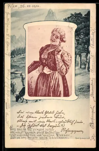 Künstler-AK H. Schubert: Trachtendame vor Landschaft mit Kühen