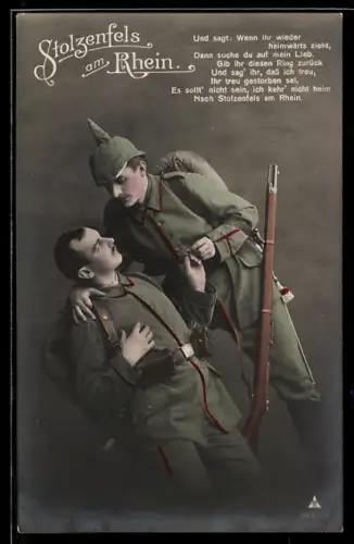 AK Stolzenfels /Rhein, Verwundeter Soldat der Infanterie verabschiedet sich von seinem Kameraden