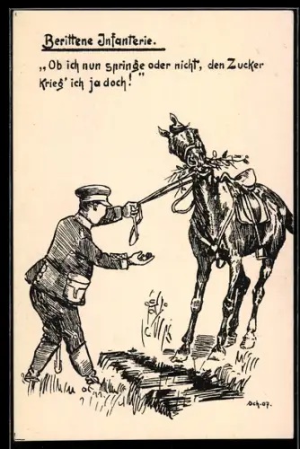 AK Infanteriesoldat lockt sein Pferd mit Zucker über den Graben