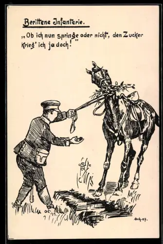 AK Infanteriesoldat lockt sein Pferd mit Zucker über den Graben