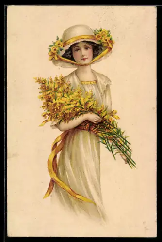 AK Herzliche Pfingstgrüsse, Junge Frau mit Hut und Blumen in den Armen