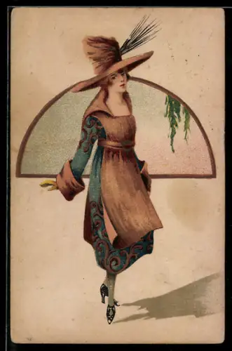 AK Elegante Dame mit grossem Hut