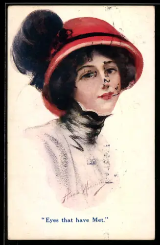 AK Junge Frau mit rotem Hut