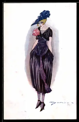 AK Dame im eleganten Kleid mit Hut