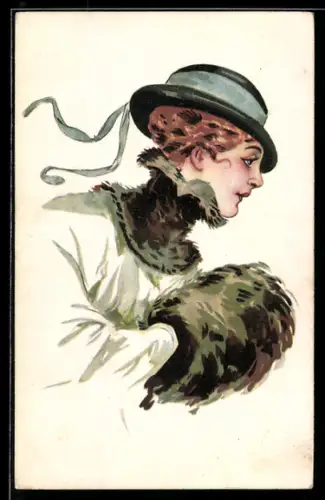 AK Junge Dame mit Hut, Pelzkragen und Pelzmuff
