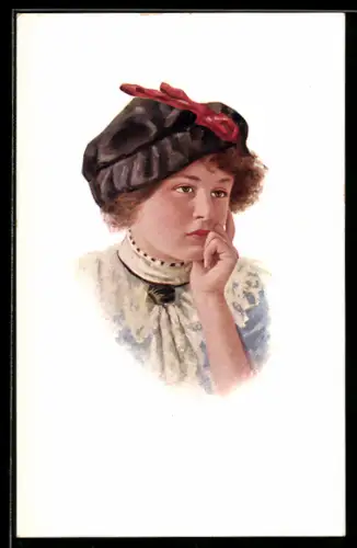 AK Nachdenkliches Mädchen mit Hut