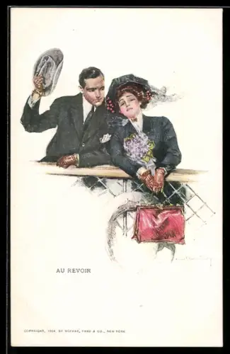 AK Frau mit Hut steht neben ihrem Mann an der Reling, Au Revoir