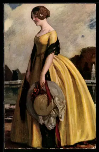 AK Frau im gelben Kleid hält ihren Hut in der Hand