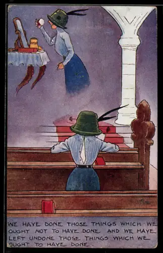 AK Frau mit Hut sitzt betend in der Kirche und denkt über ihre Sünden nach