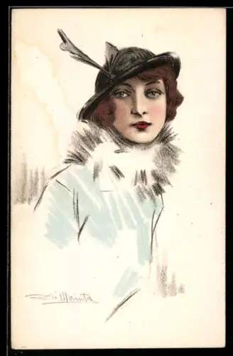 AK Frau mit Hut und eleganter Kurzhaarfrisur