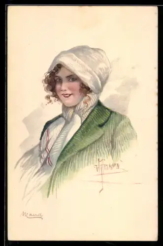 AK Frau mit winterlichem Hut und Schal