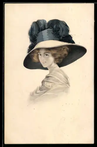 AK Junge Dame mit Federn am grossen Hut