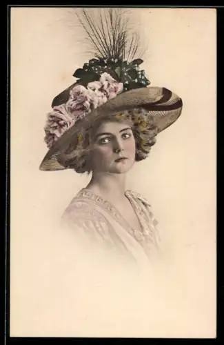 AK Junge Frau mit Blumen am Hut