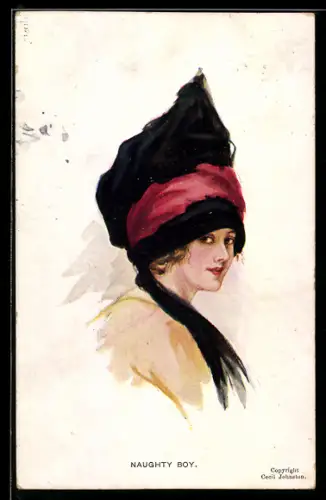 AK Junge Frau mit rotem Band am schwarzen Hut