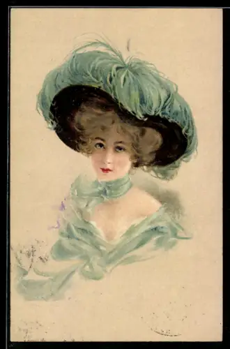 AK Elegante Dame mit Federn am Hut