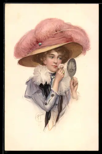 AK Junge Frau mit grossem Hut pudert sich die Nase