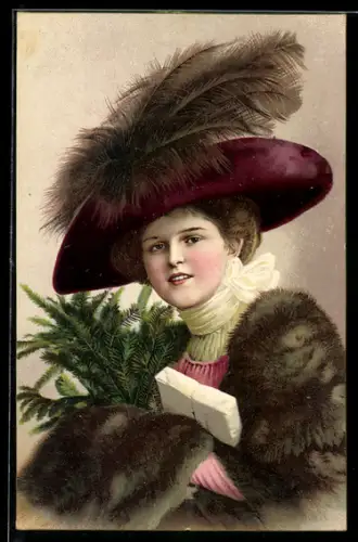 AK Junge Frau mit Pelzstola und Hut