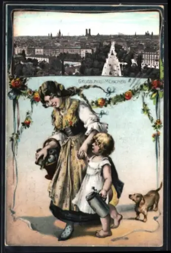 AK München, Frau in Trachten mit Dackel, Frauentürme