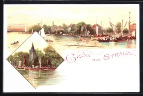 Lithographie Berlin-Stralau, Segelboote am Hafen, Turm