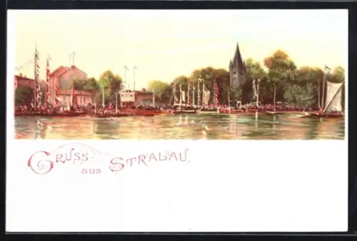 Lithographie Berlin-Friedrichshain-Stralau, Partie am See