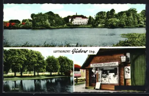 AK Gudow /Lbg., Fortuna-Drogerie, Schloss, Am See
