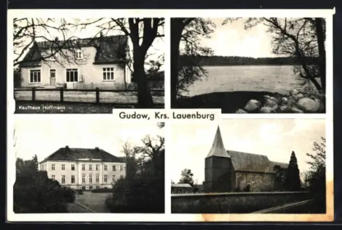AK Gudow /Krs. Lauenburg, Kaufhaus Hoffmann, Schloss, Kirche