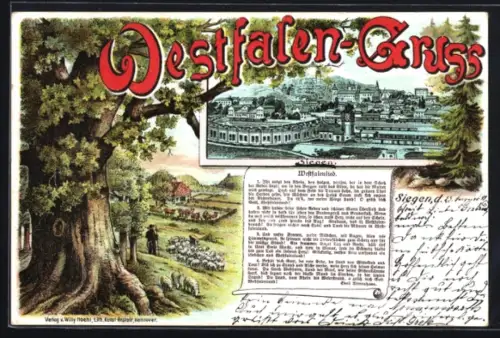 Passepartout-Lithographie Siegen i. W., Panorama und Westfalenlied