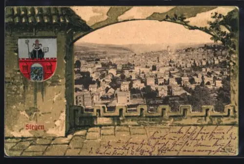 AK Siegen, Teilansicht im Passepartoutrahmen mit Wappen