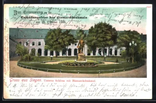 AK Siegen, Unteres Schloss mit Bismarckdenkmal