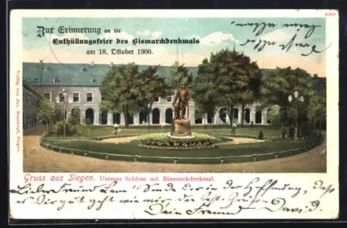 AK Siegen, Unteres Schloss mit Bismarckdenkmal-Erinnerung an die Enthüllungsfeier des Bismarckdenkmals am 18.10.1900