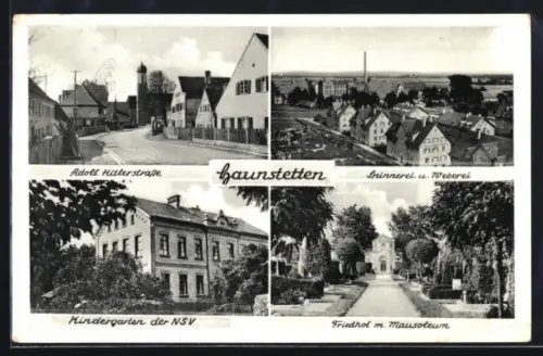 AK Haunstetten, Spinnerei und Weberei, Friedhof mit Mausoleum, strasse