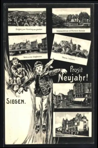 AK Siegen, Sandstrasse mit Strassenbahn, Unteres Schloss mit Bismarck-Denkmal, Oberes Schloss