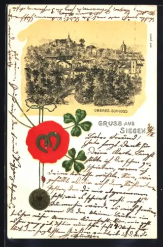 Lithographie Siegen, Oberes Schloss, Siegel mit Kleeblättern
