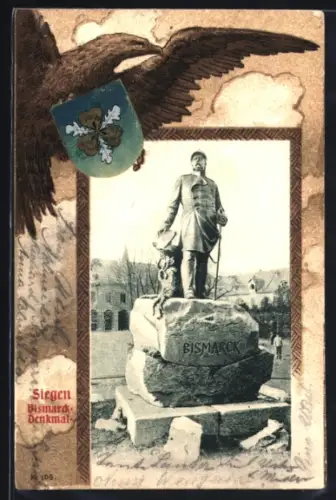 Lithographie Siegen, Bismarck-Denkmal, Adler mit Wappen, Passepartout